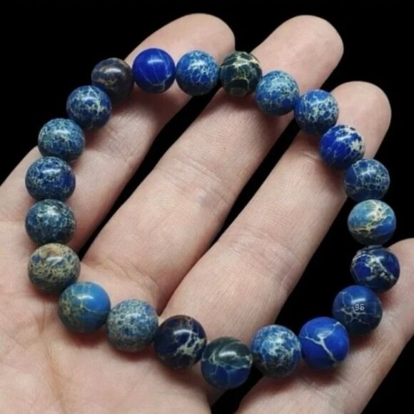 🎈 Handmade Ocean Jasper Natural Stone 6mm Beaded Stretch Bracelet, Fits 7” Wrist - Picture 9 of 10